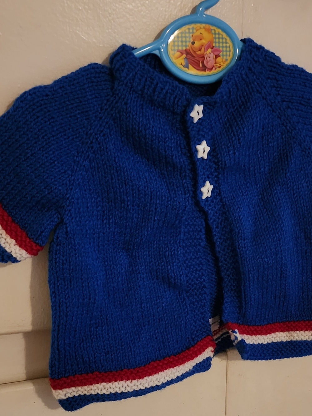 Toddler Knit Cardigan in Royal Blue with Red & White Trim